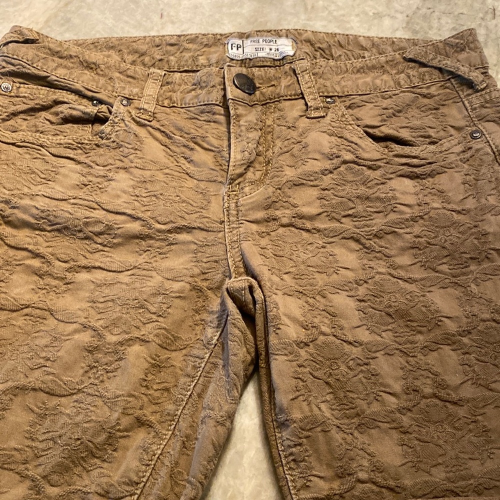 Free People, jacquard tan skinny jeans. Love the texture